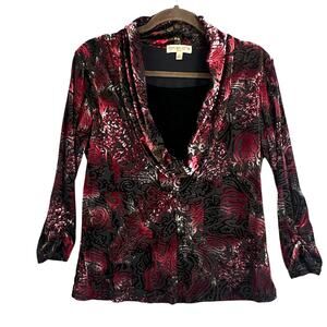 VTG Y2K Velvet Burnout Paisley Cowl Neck Top PXL Red Blk Whimsigoth Fairy Grunge